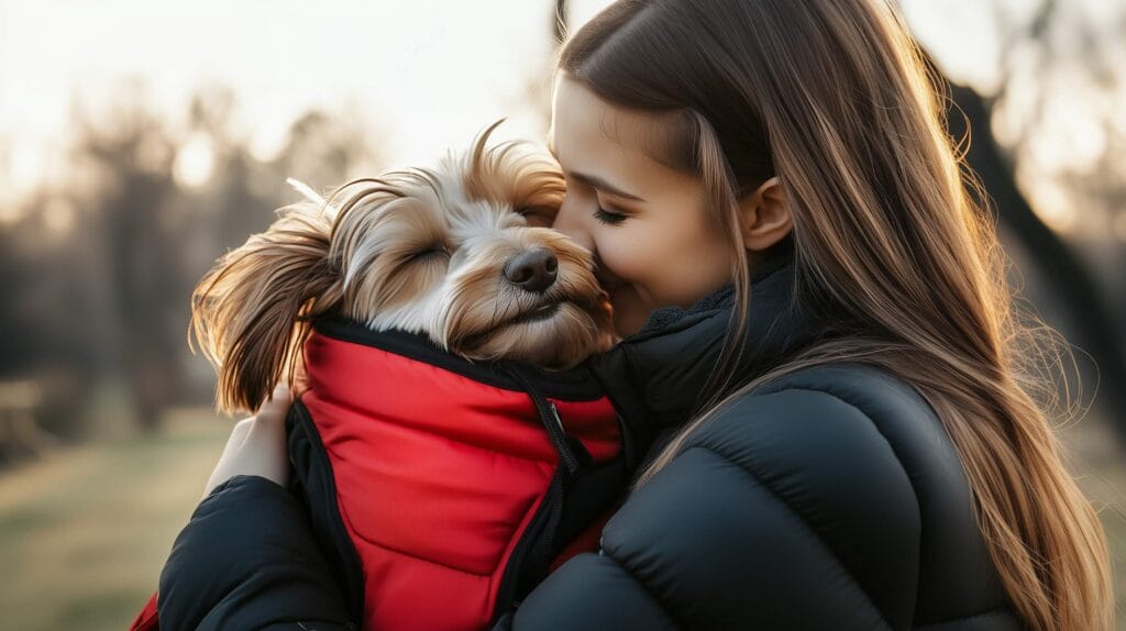 A young woman in a black puffer jacket hugs and kisses her small dog, wrapped in a red coat, outdoors on a winter day—showing the comfort pets provide and why learning how to get an ESA letter can be important for emotional support.