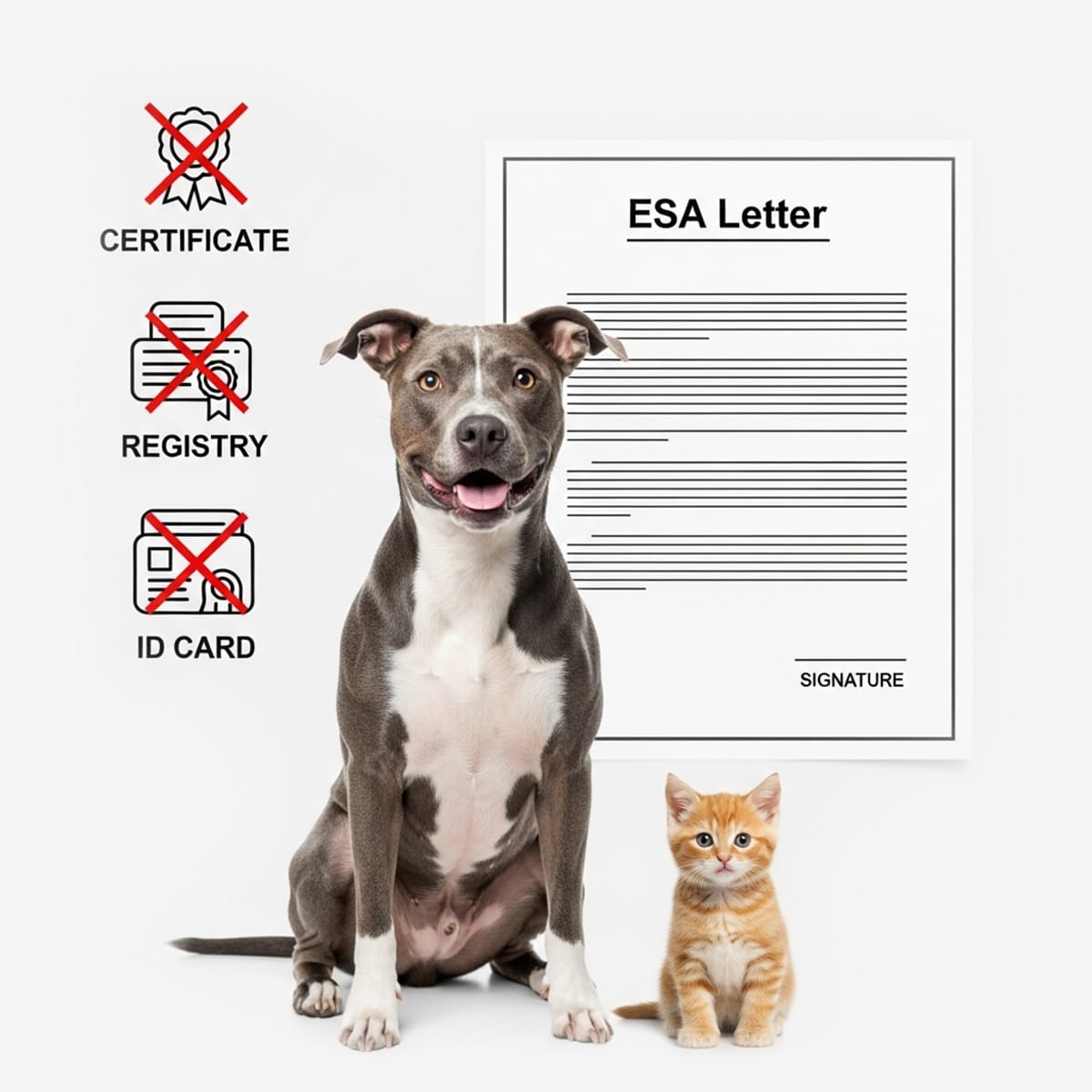 Illustration showing the difference between an ESA letter and unrecognized ESA certificates, registries, and ID cards