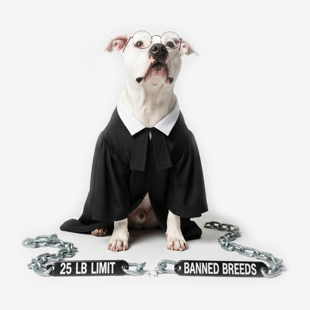 A dog in a judge’s robe and glasses sits between chains labeled "25 LB LIMIT" and "BANNED BREEDS," symbolizing ESA weight restrictions and emotional support animal rules on a white background.