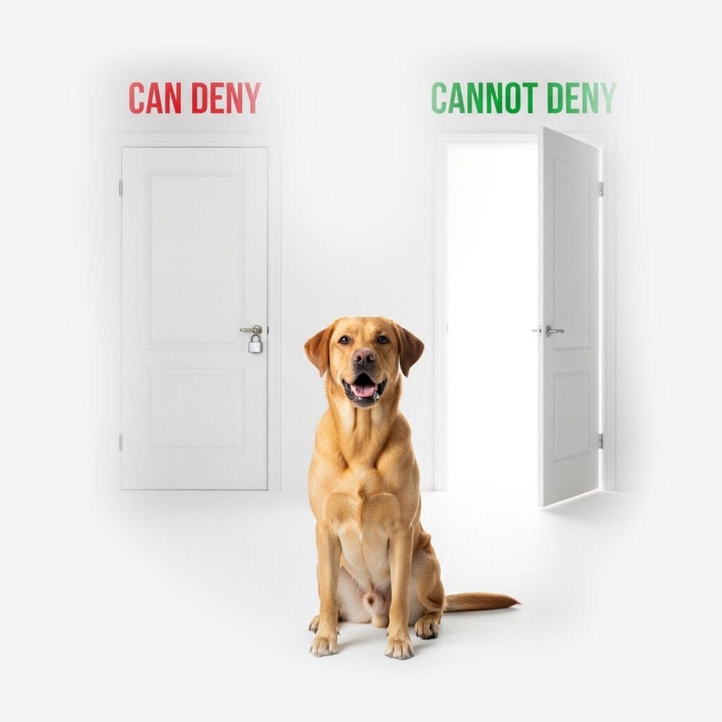 A dog sits in front of two doors labeled "CAN DENY" (closed) and "CANNOT DENY" (open), humorously nodding to ESA breed restrictions that can’t stand in the way of its irresistible charm.