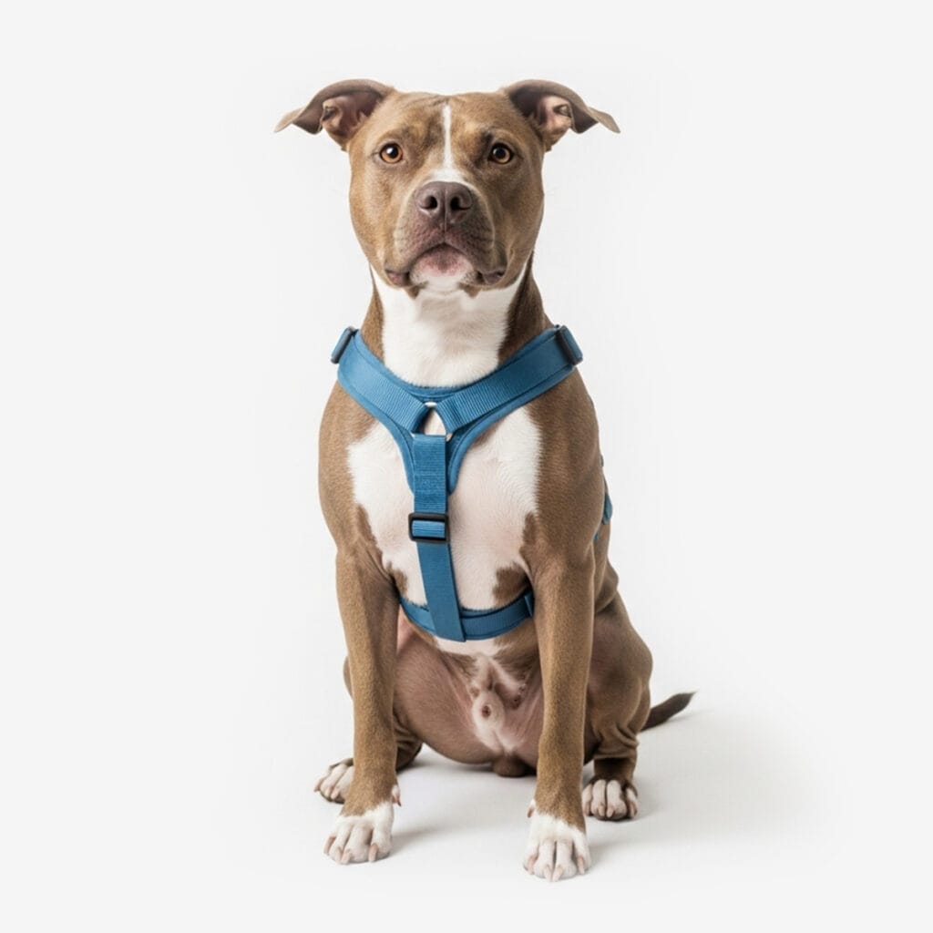Brown and white dog wearing a blue harness sits facing forward against a plain white background, illustrating how ESA breed restrictions may not apply to all Emotional Support Animals.