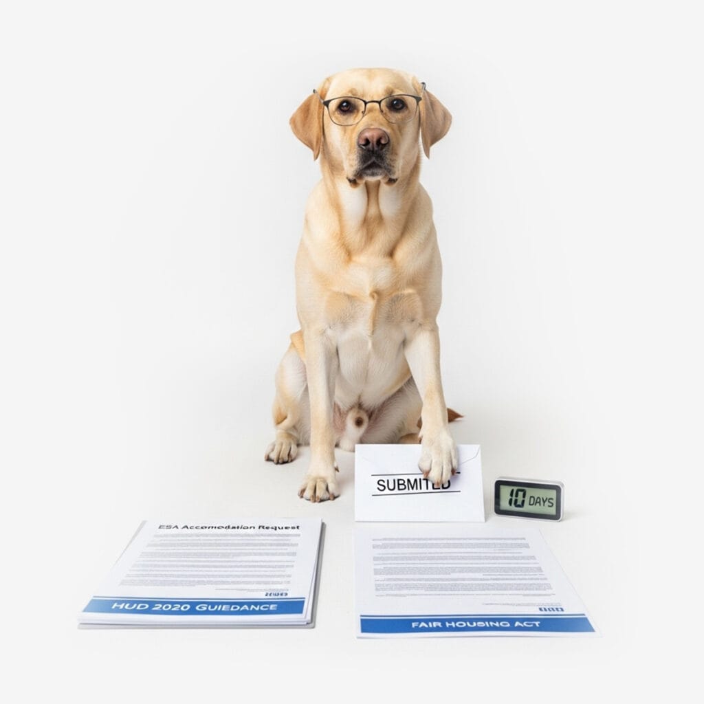 A dog wearing glasses sits with a paw on a “SUBMITTED” sign, next to documents labeled “HUD 2020 Guidance,” “Fair Housing Act,” and notes on ESA breed restrictions, while a digital clock shows 10 days.