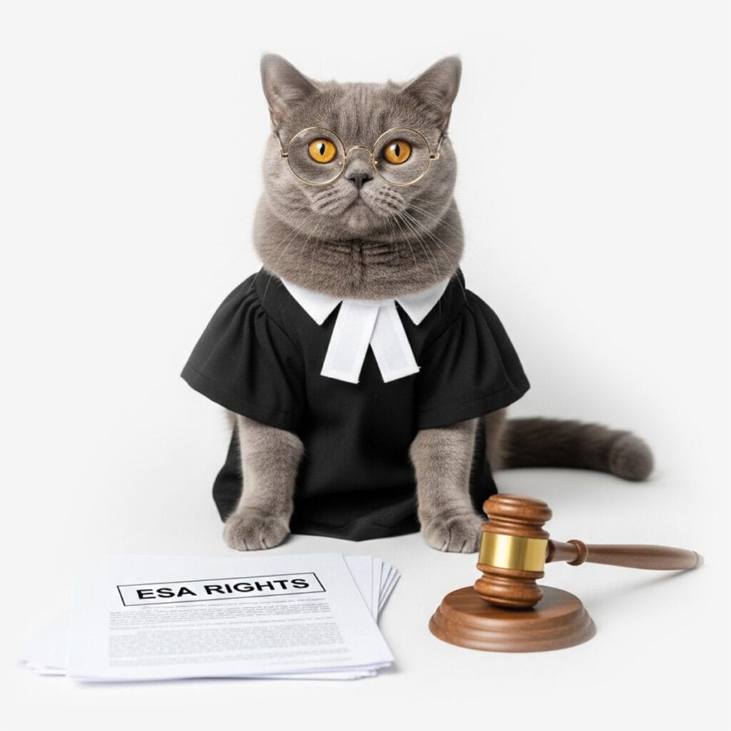 A gray cat dressed as a judge sits behind a gavel and papers labeled "ESA Rights," ready to protect Emotional Support Animal rights against any landlord on a white background.