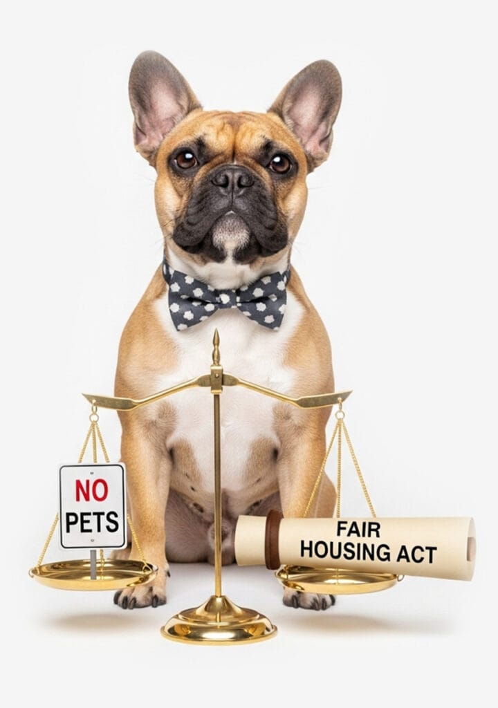 A French Bulldog wearing a bow tie sits behind a balance scale with a “No Pets” sign on one side and a “Fair Housing Act” scroll on the other, highlighting Emotional Support Animal rights between landlord restrictions and protections.