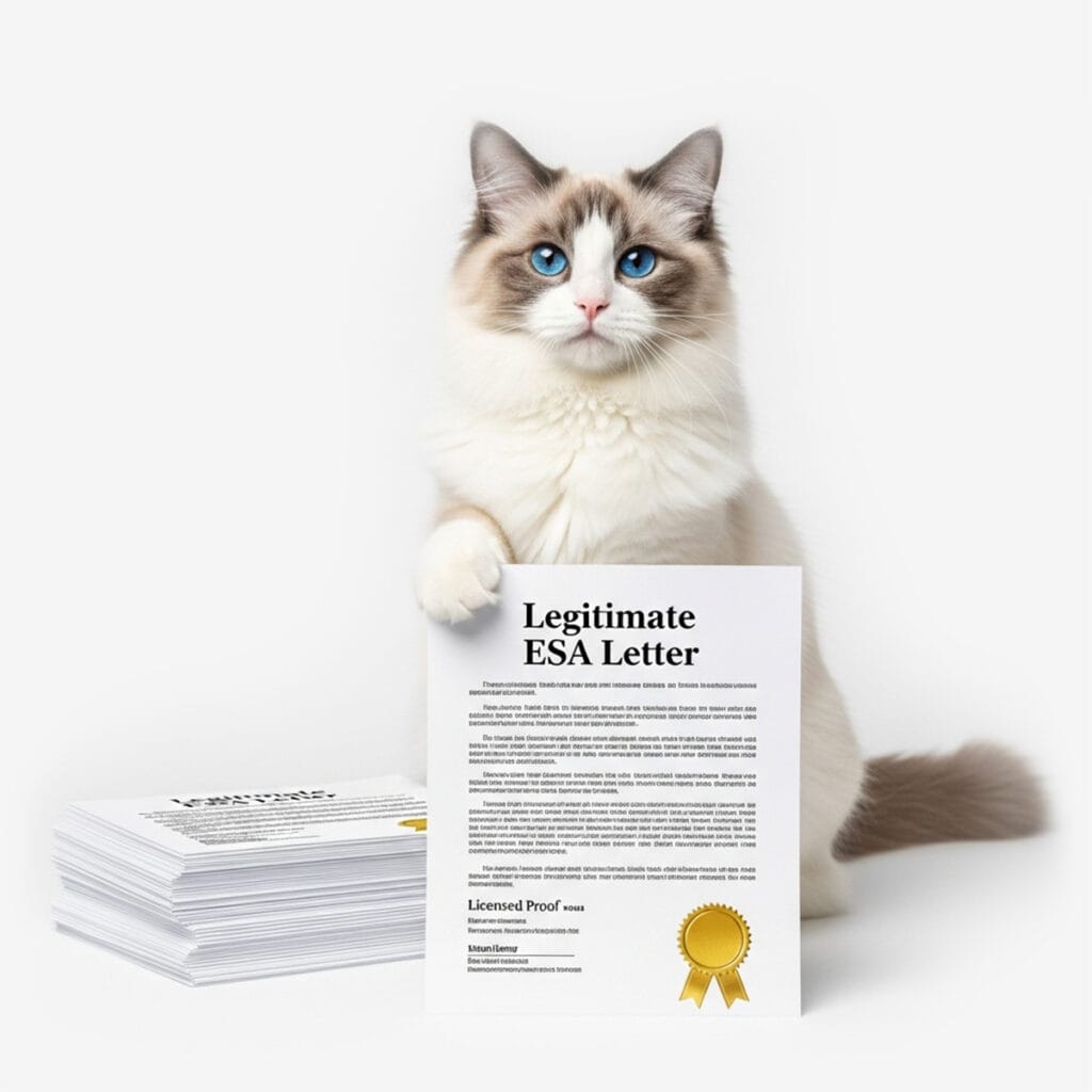 A cat sits with one paw on a document labeled "Legitimate ESA Letter," highlighting tenant rights for emotional support animal owners, with a stack of similar papers beside it against a plain white background.
