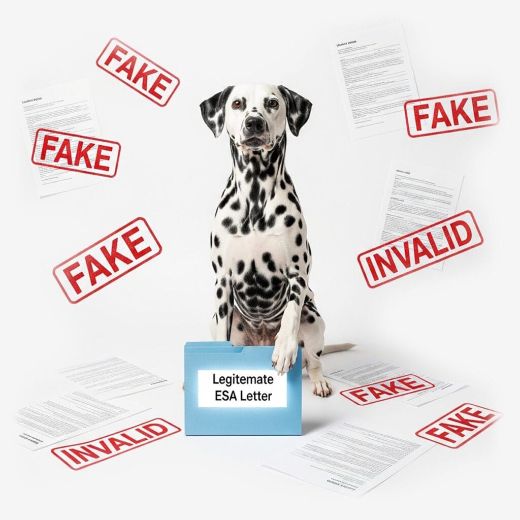 A Dalmatian sits with a folder labeled "Legitimate ESA Letter," surrounded by documents stamped "FAKE" and "INVALID," highlighting the importance of real emotional support animal letters for protecting tenant rights with your landlord.