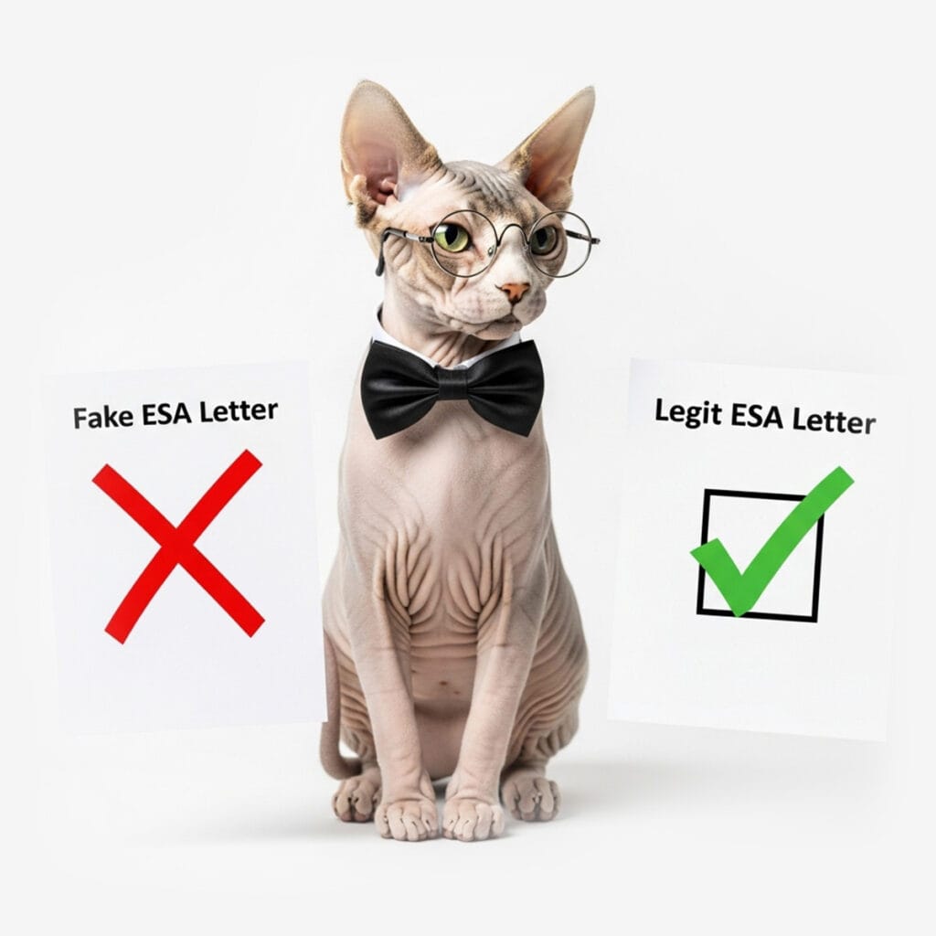 A sphynx cat in glasses and a bow tie sits between two signs: one says "Fake ESA Letter" with a red X, the other says "Legit ESA Letter" with a green check—highlighting how only legally valid ESA letters for housing bypass no-pet policies.