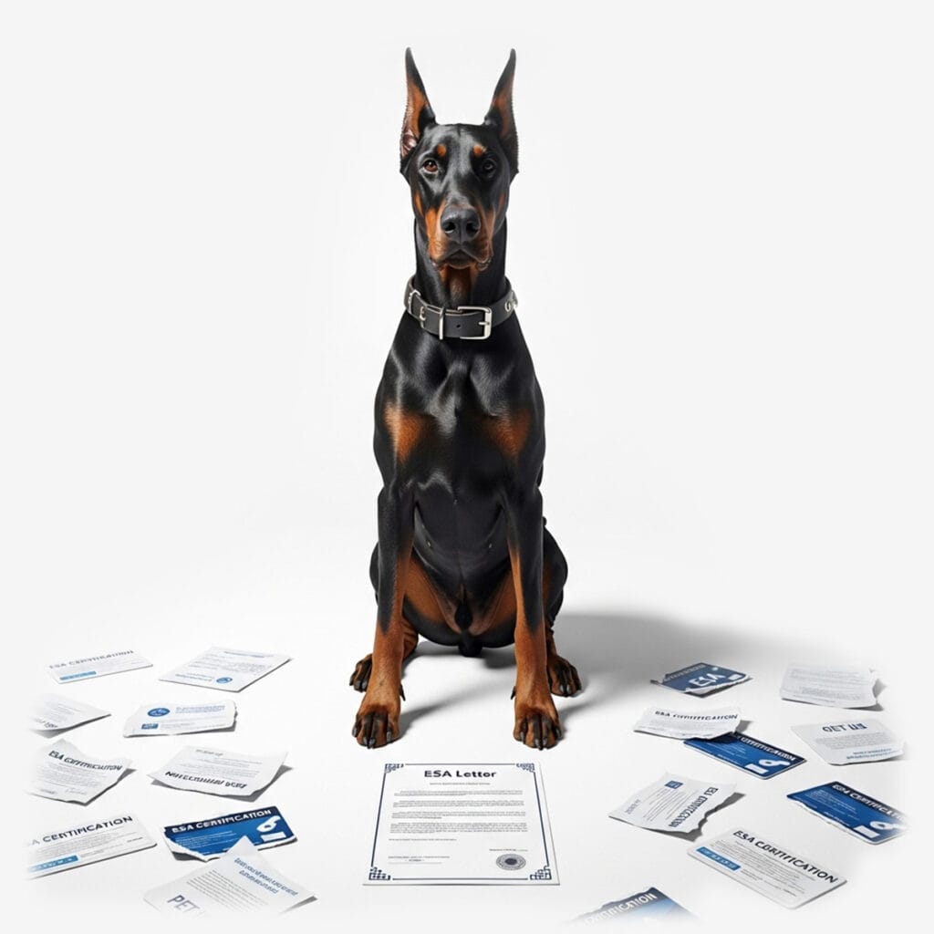 A Doberman sits facing forward, surrounded by scattered ESA (Emotional Support Animal) letters and certification documents on a white background, highlighting support for no-pet policies with official ESA letters for housing.