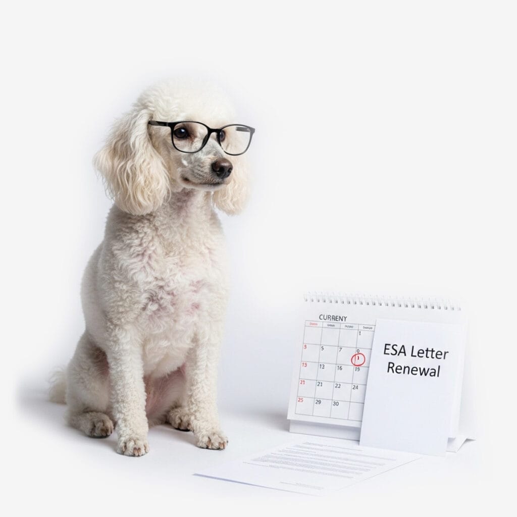 A poodle wearing glasses sits next to a calendar marked for ESA Letters for Housing renewal, with documents placed on the floor—ready to navigate legal no-pet policies with ease.