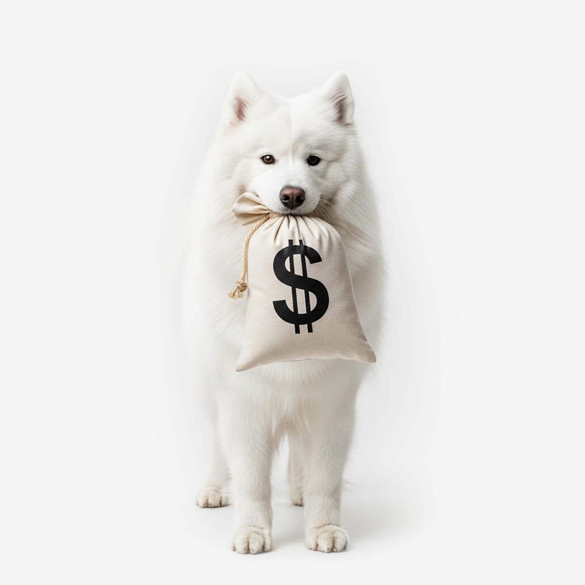 A white dog stands against a plain white background, holding a beige money bag marked with a dollar sign in its mouth—perfect for illustrating topics like deposits or ESA pet fees.
