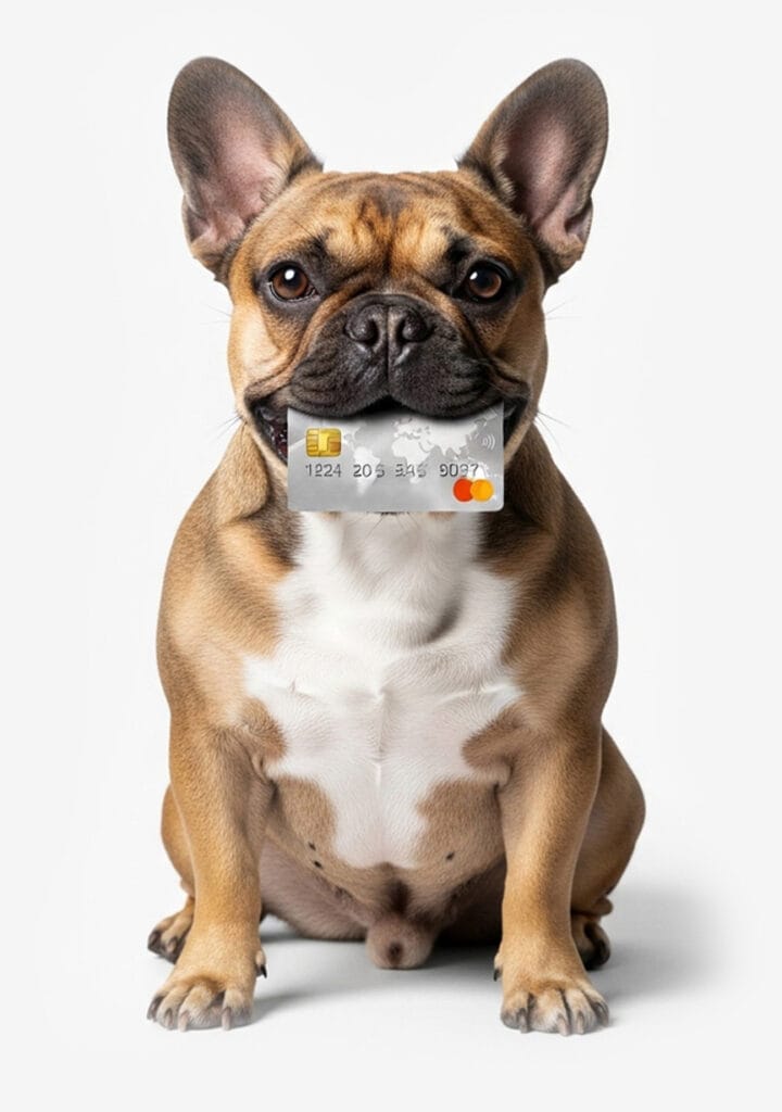 A French Bulldog sitting and holding a credit card in its mouth, ready to pay Rent or ESA Pet Fees, against a plain white background.
