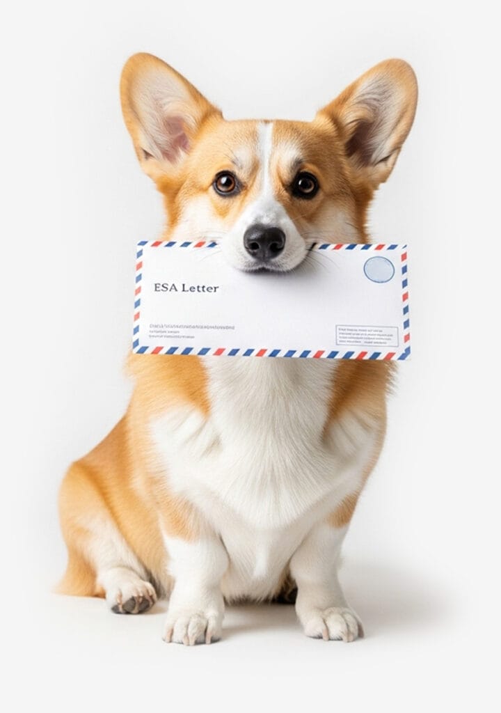 A corgi dog sits facing forward, holding an envelope labeled "ESA Letter" in its mouth against a white background—highlighting how an ESA letter can help with ESA Rent or avoid ESA Pet Fees.