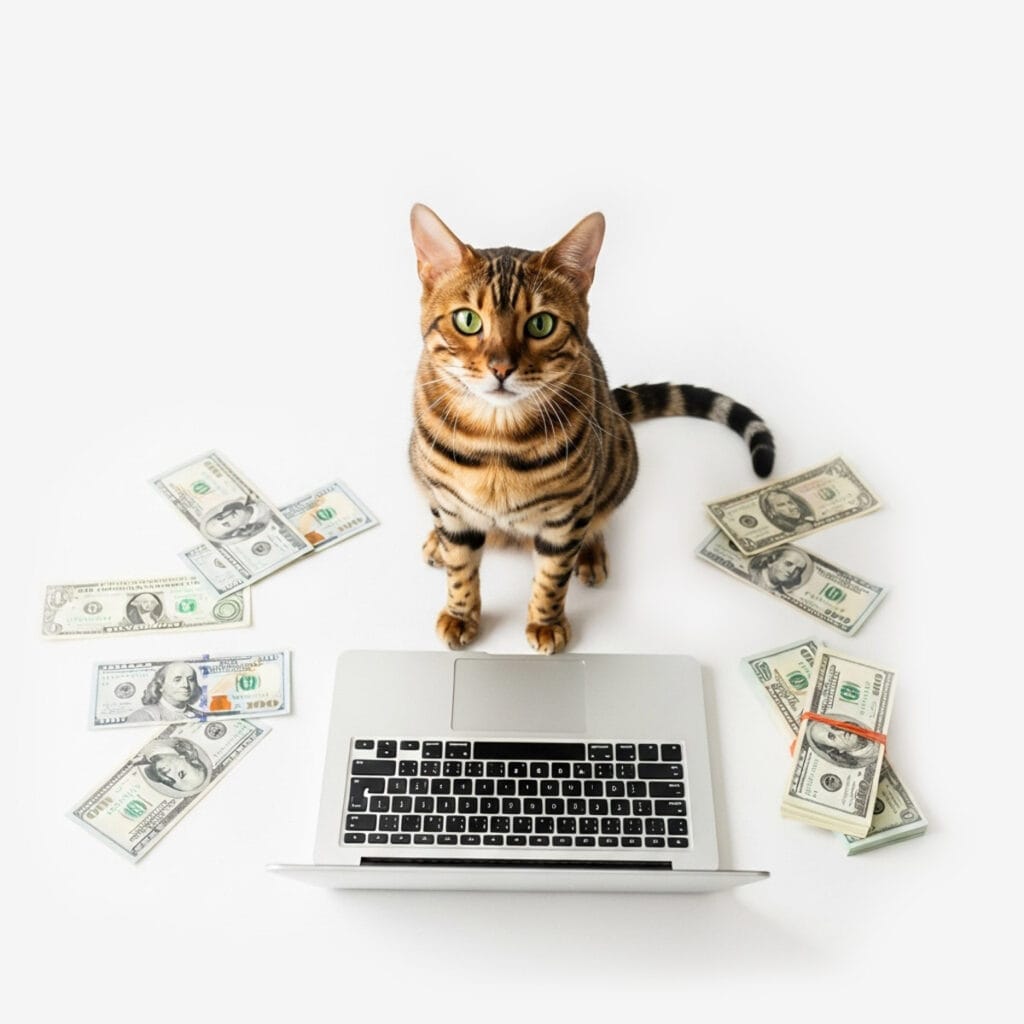 A Bengal cat sits in front of a laptop surrounded by scattered US dollar bills, symbolizing the savings on ESA pet fees and ESA deposits, against a white background.