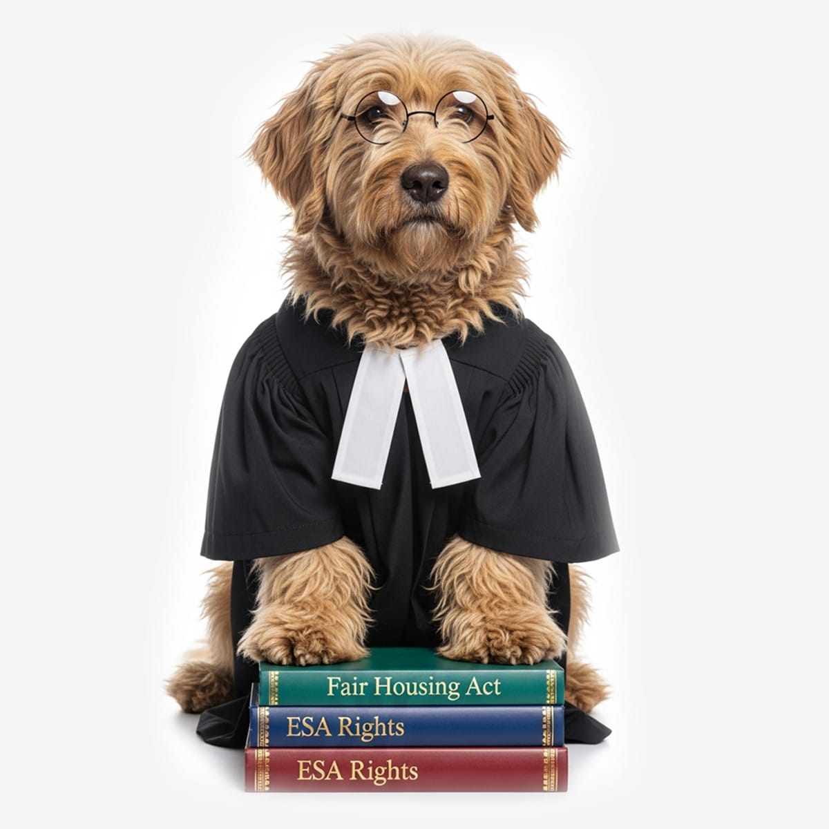 A dog dressed in a judge’s robe and glasses sits behind three law books labeled "Fair Housing Act," "ESA Rights," and "Emotional Support Animals.
