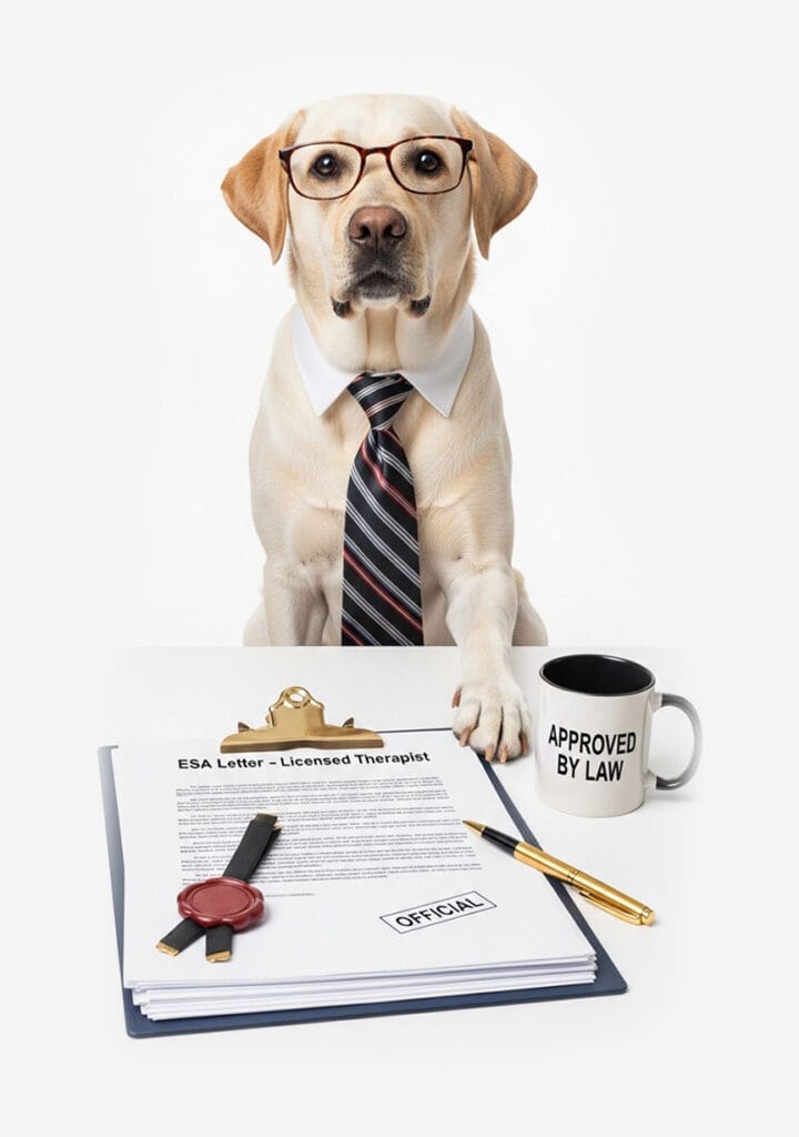 A dog wearing glasses, a shirt, and a tie sits at a desk with an ESA letter, clipboard, pen, wax seal, and a mug labeled "APPROVED BY LAW," highlighting ESA rights and protections under the Fair Housing Act for emotional support animals.