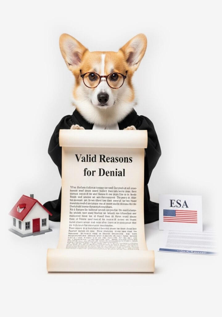 A corgi wearing glasses and a judge’s robe holds a scroll titled “Valid Reasons for Denial,” with a toy house and ESA document beside it, illustrating your rights under the Fair Housing Act for ESAs, all set on a white background.