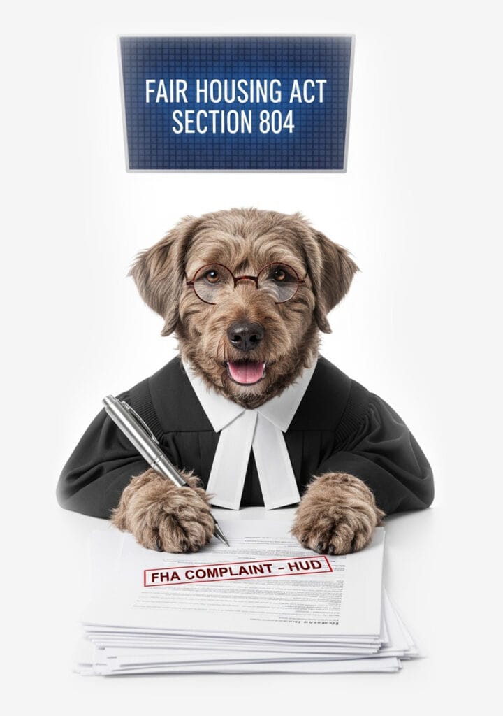 A dog dressed as a judge sits at a desk with a pen, legal documents, and a sign reading “Fair Housing Act Section 804,” highlighting ESA rights and the role of emotional support animals in fair housing law.