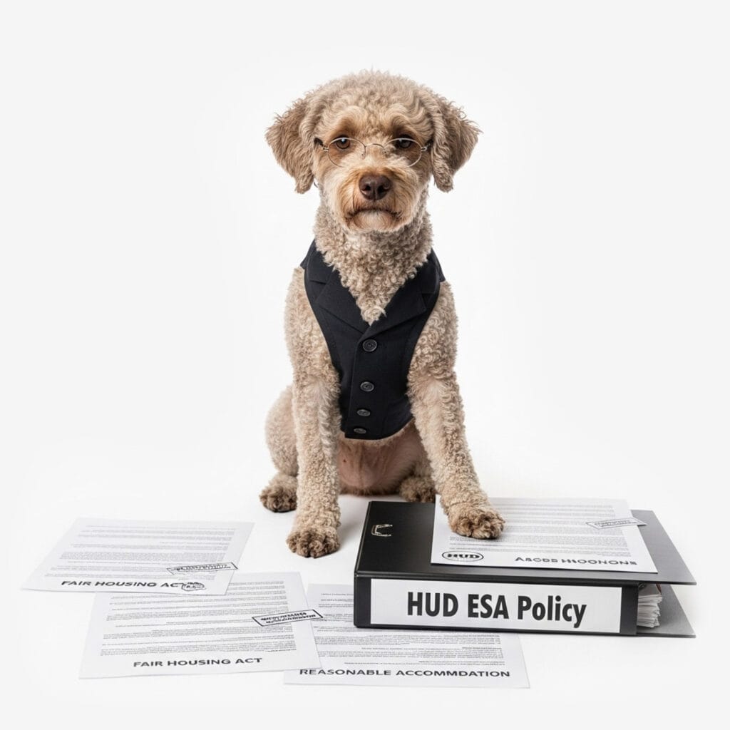 A dog wearing a suit sits among documents and a binder labeled "HUD ESA Policy," referencing Emotional Support Animals, with papers titled "Fair Housing Act" and "Reasonable Accommodation" under HUD Guidelines.