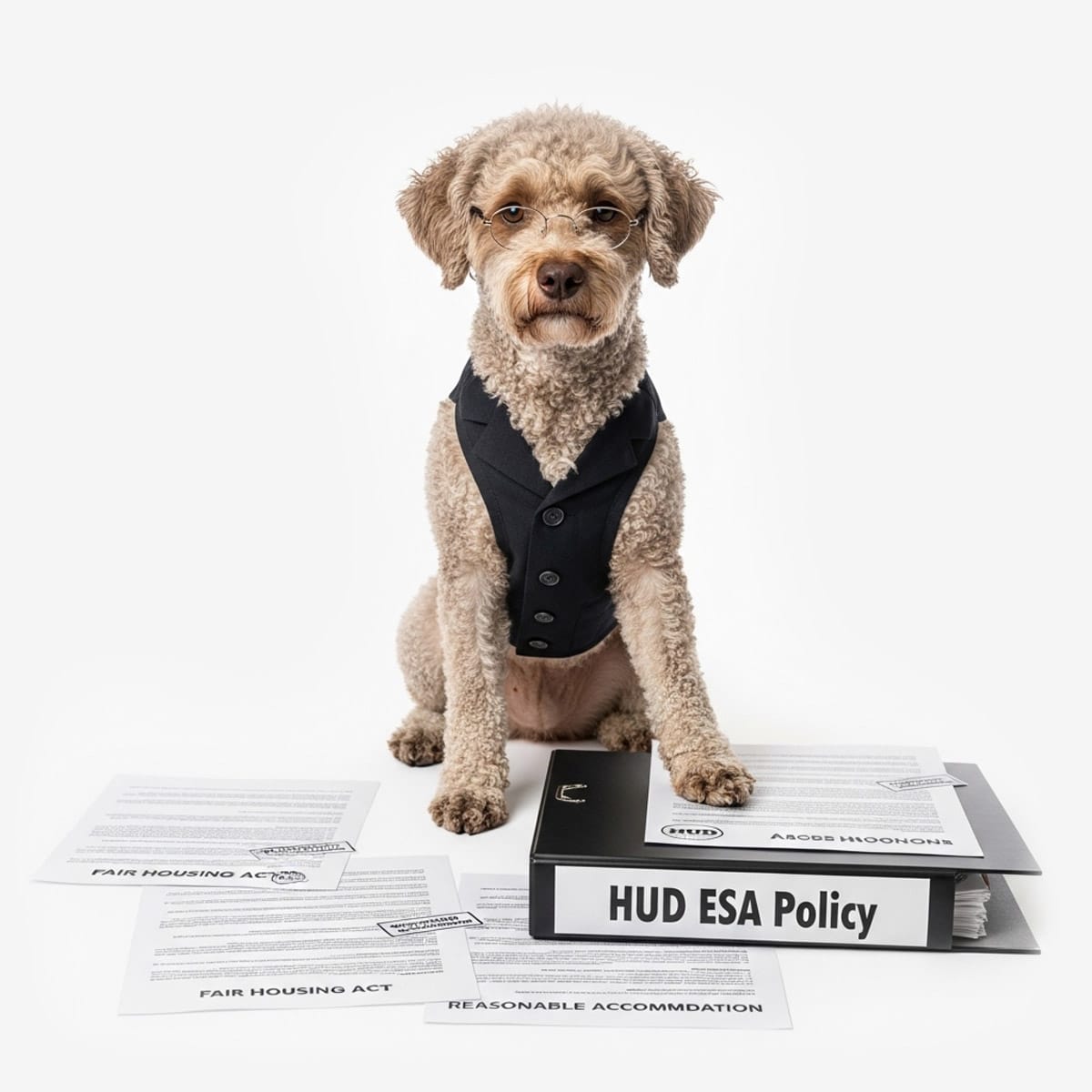Dog sitting by HUD ESA policy documents representing emotional support animal housing guidelines