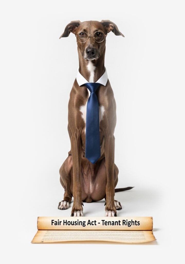 A dog wearing glasses, a white collar, and a blue tie sits behind a scroll labeled "Fair Housing Act - Tenant Rights," referencing HUD Guidelines and the rights of Emotional Support Animals.