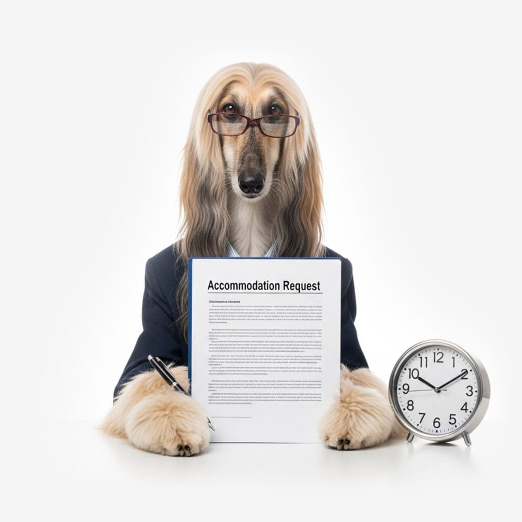 An official-looking dog wearing glasses and a suit holds a pen and an accommodation request form for Emotional Support Animals at a desk, with a clock showing 9:00.