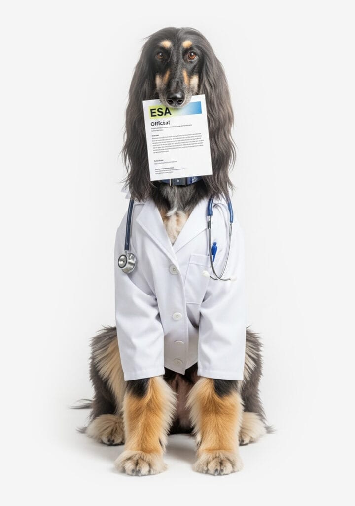 A dog dressed in a white lab coat and stethoscope holds an official ESA document in its mouth, highlighting the importance of Emotional Support Animals, set against a clean white background.
