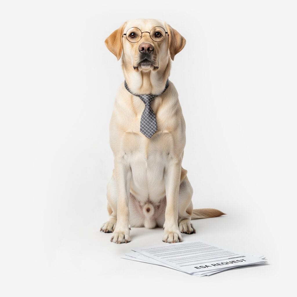 A Labrador ESA wearing glasses and a tie sits in front of a stack of paperwork on a white background, ready to help you talk to your landlord about your emotional support animal needs.
