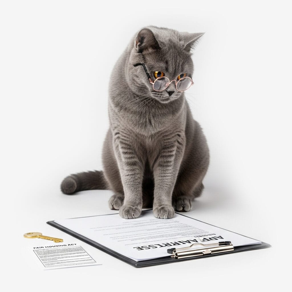 A gray cat wearing round glasses sits with one paw on a clipboard labeled "APARTMENT LEASE," next to a key and a Fair Housing Act paper, ready to talk with the landlord about ESA rules, against a white background.