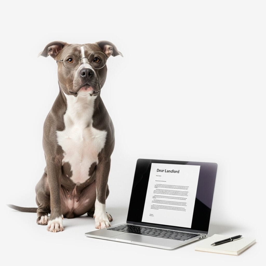 Emotional support dog next to an ESA accommodation request being prepared for a landlord