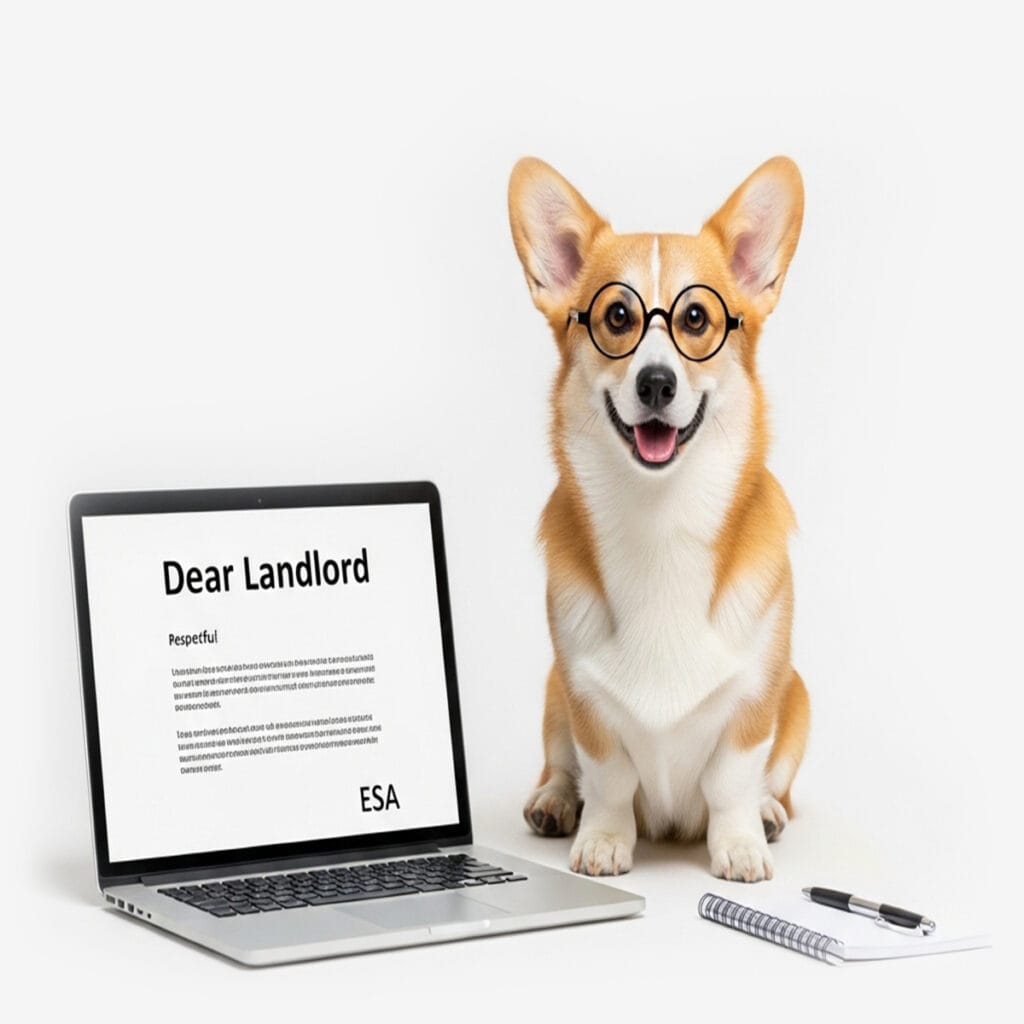 A dog, serving as an ESA, sits next to a laptop while its owner prepares to talk with their landlord.