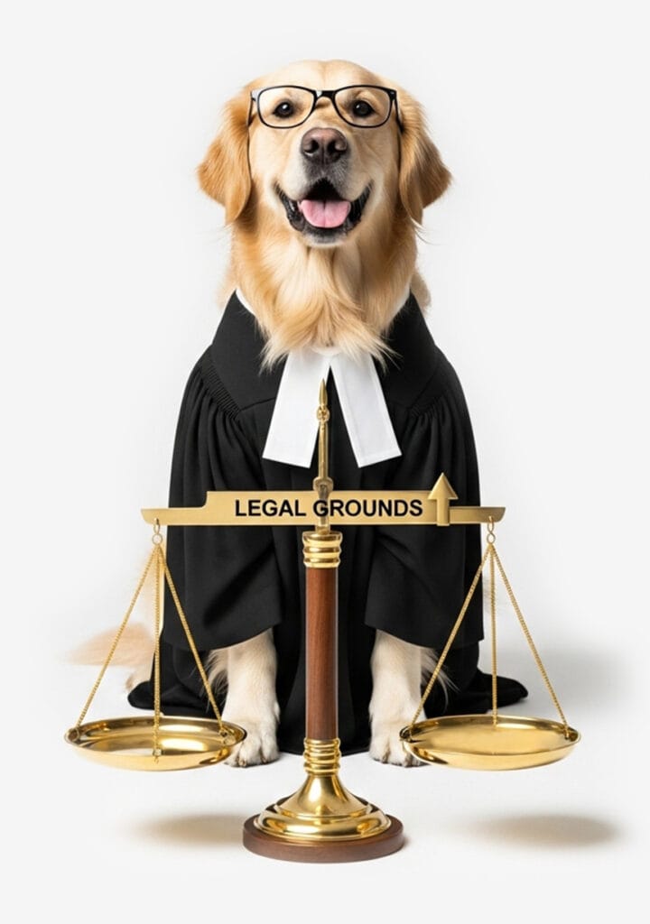 A dog wearing glasses and a judge's robe sits behind a balance scale labeled "Legal Grounds," highlighting the important rights of an emotional support animal (ESA) when dealing with a landlord, against a plain white background.