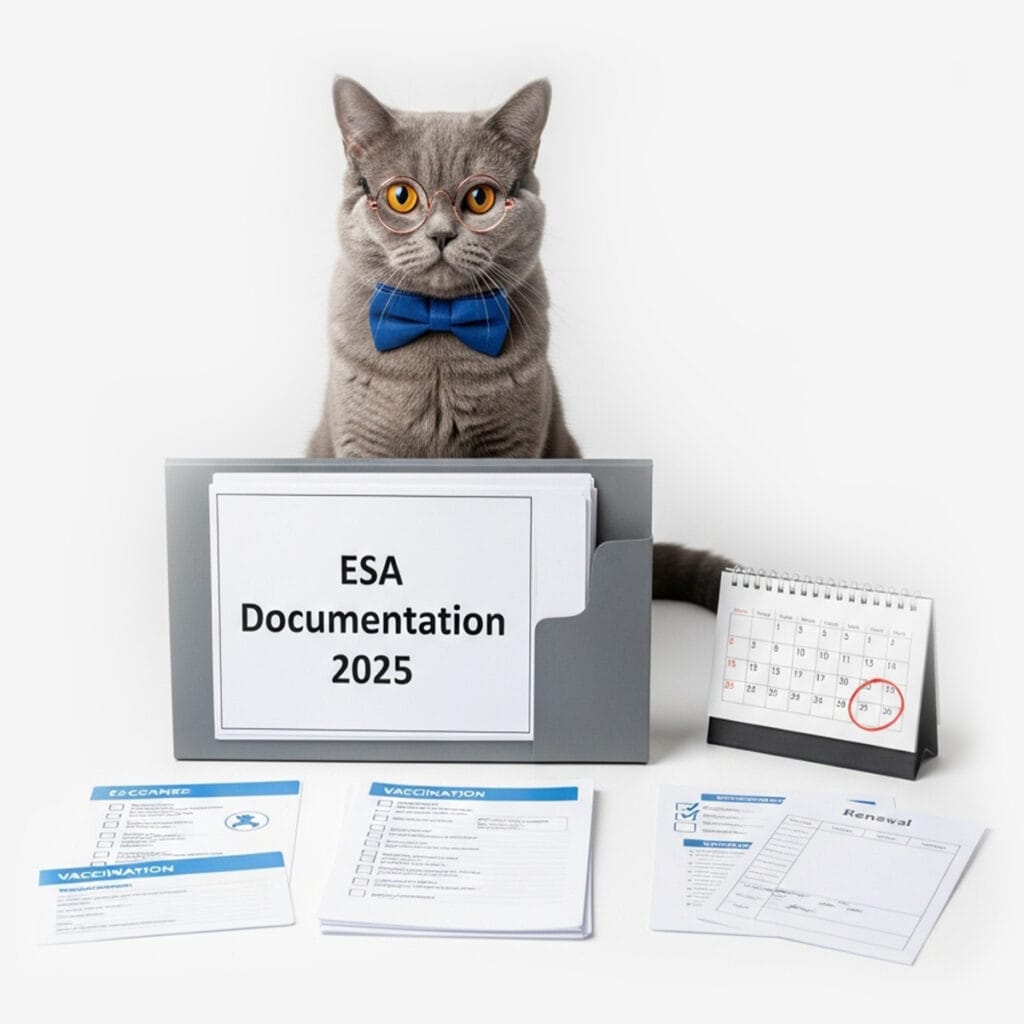 A grey cat, an emotional support animal in a blue bow tie, sits behind a folder labeled "ESA Documentation 2025," surrounded by paperwork and a calendar with June 15 circled in red, ready for the landlord’s review.